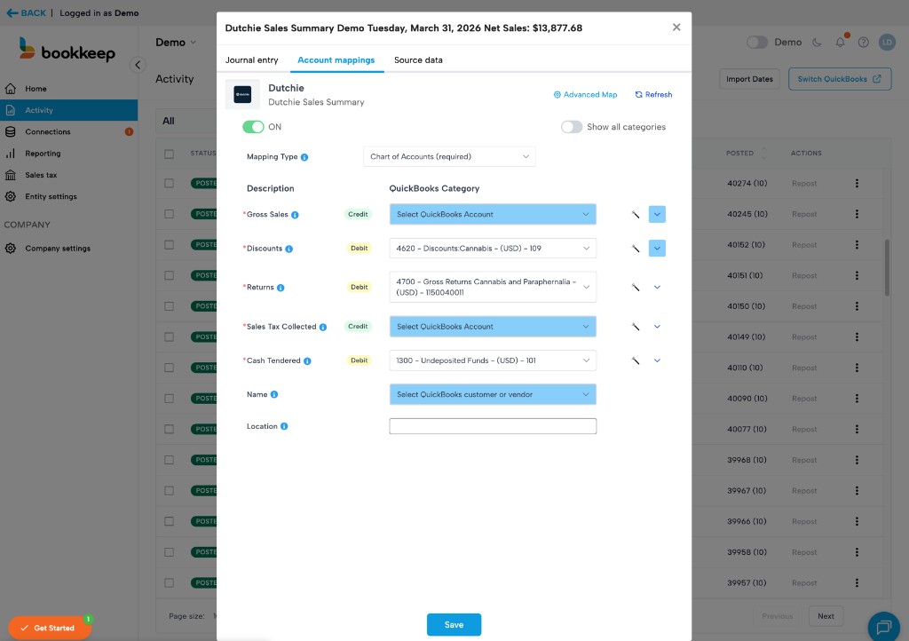 Sales Summary account mapping
