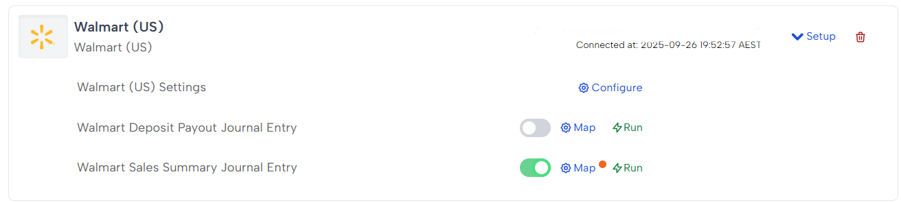 Screenshot of the Bookkeep connections view displaying the connected Walmart account