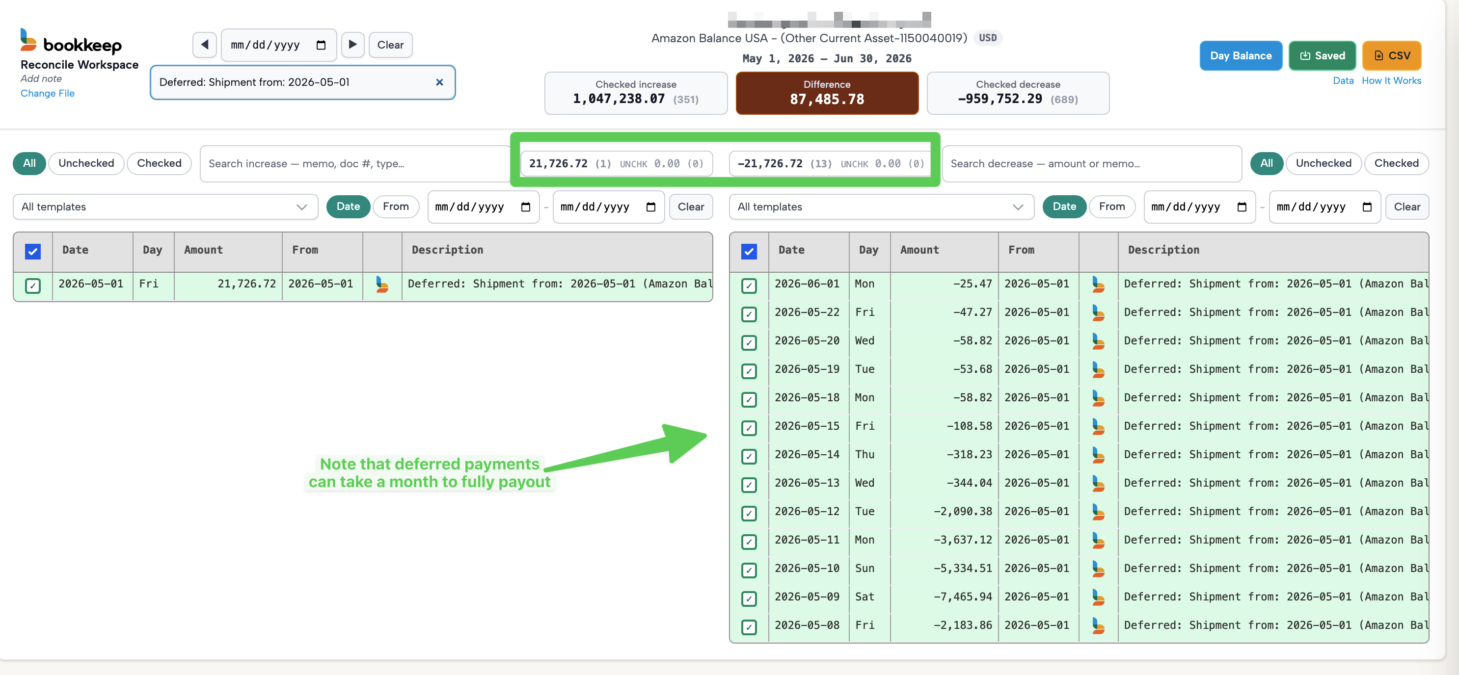 Bookkeep Reconcile Workspace showing one day’s deferred Shipment amount being released across many dates over more than a month