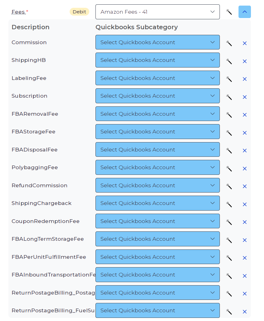 Screenshot showing subcategory mapping for fees