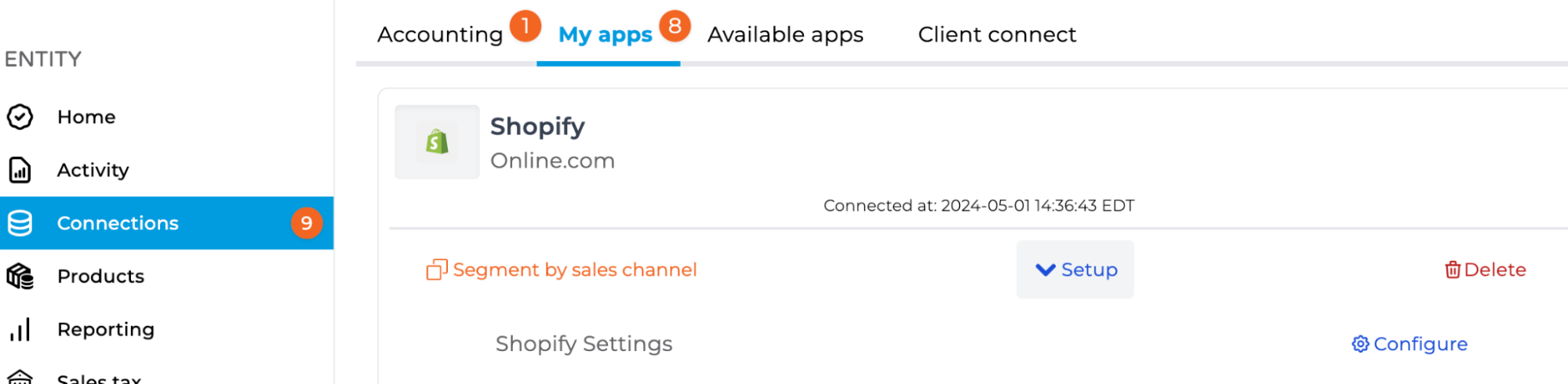 Screenshot showing Connections &gt; My apps &gt; Configure