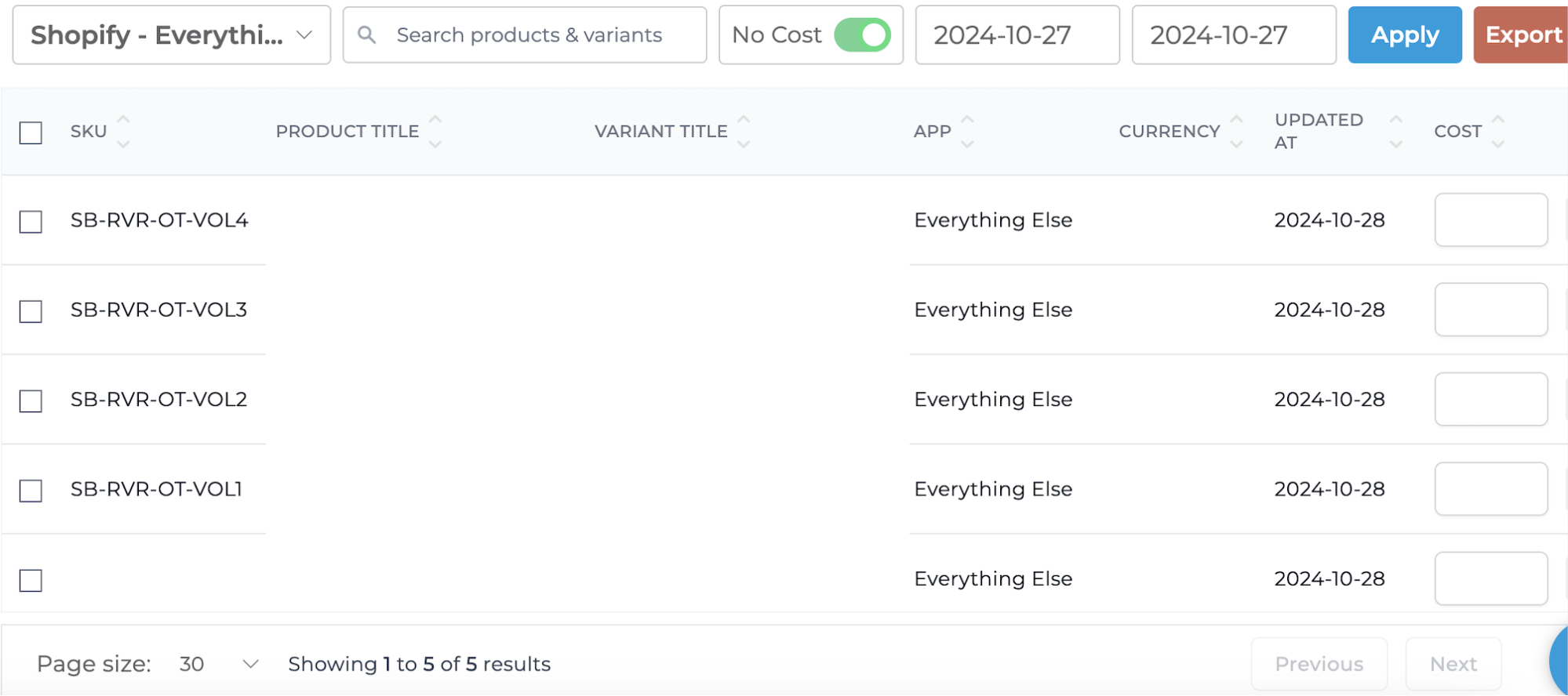 Filter view of products missing costs