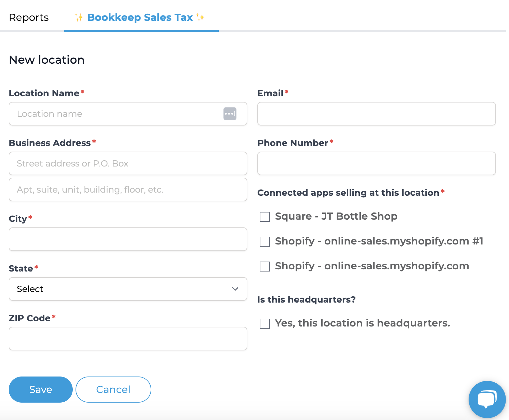 Screenshot showing Tax location form