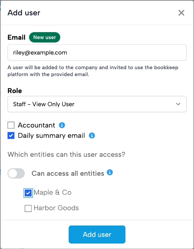 Add user window with the Staff - View Only User role selected and one entity ticked