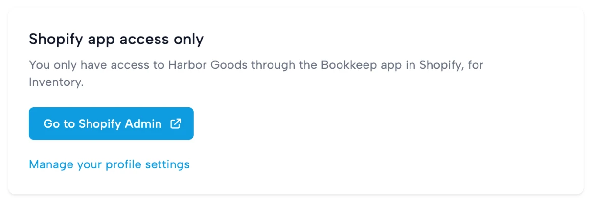 Bookkeep interface showing the Shopify app access only screen for an Inventory Only user