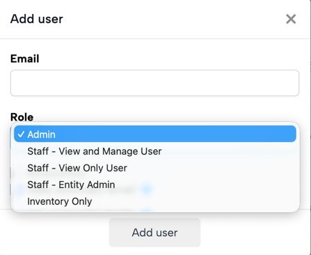 Bookkeep Add user window with the Role dropdown expanded, showing Admin, Staff - View and Manage User, Staff - View Only User, Staff - Entity Admin, and Inventory Only
