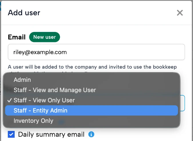 Bookkeep Add user window with the Role dropdown expanded, showing Admin, Staff - View and Manage User, Staff - View Only User, Staff - Entity Admin, and Inventory Only