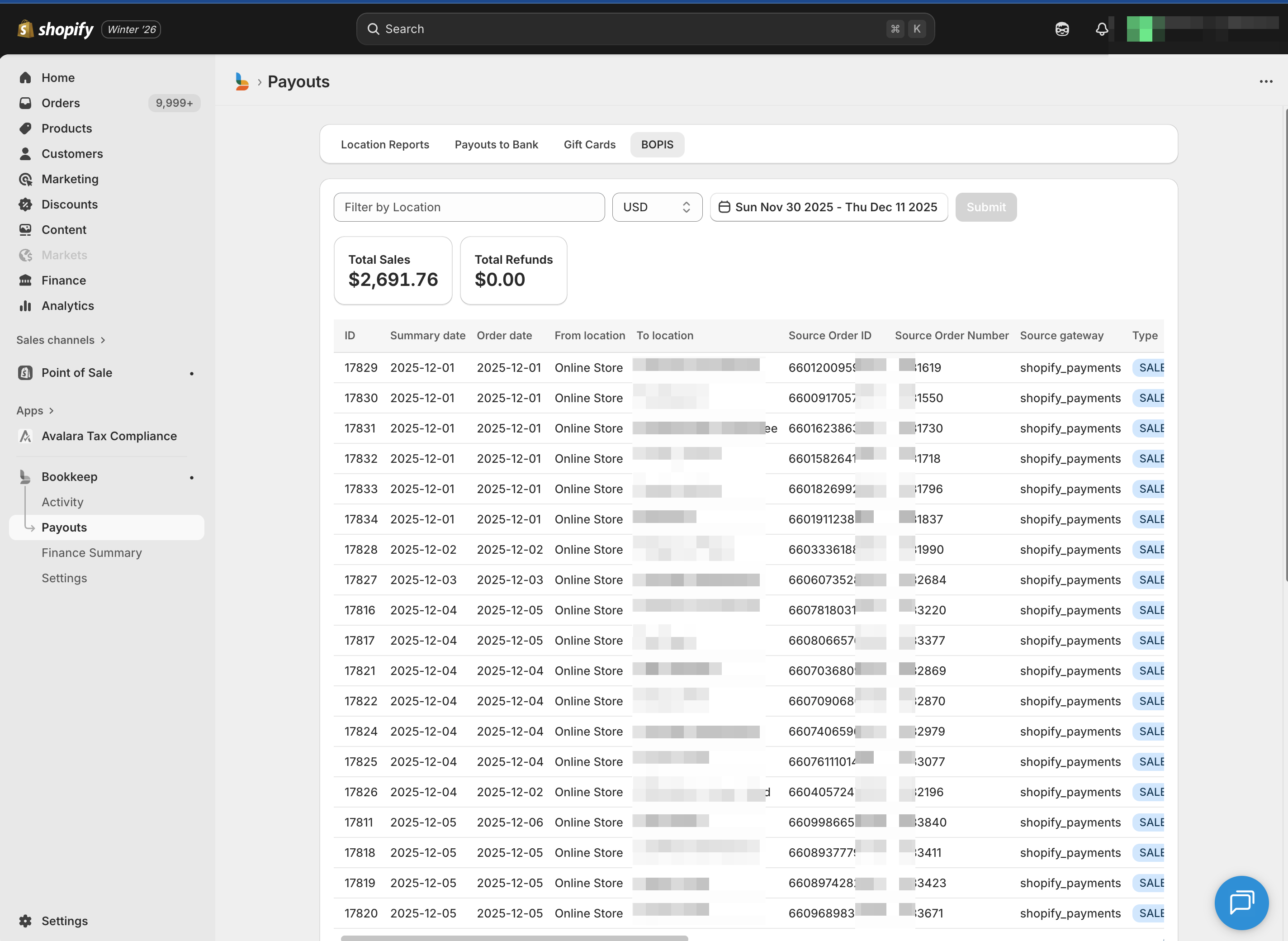 BOPIS payout report in Shopify Admin Dashboard by Bookkeep