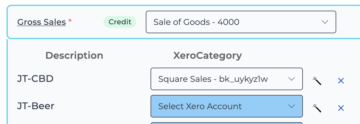 Gross Sales Category to Sale of Goods Account