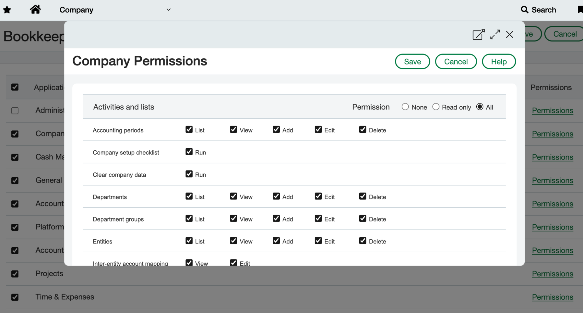 Intacct permissions view