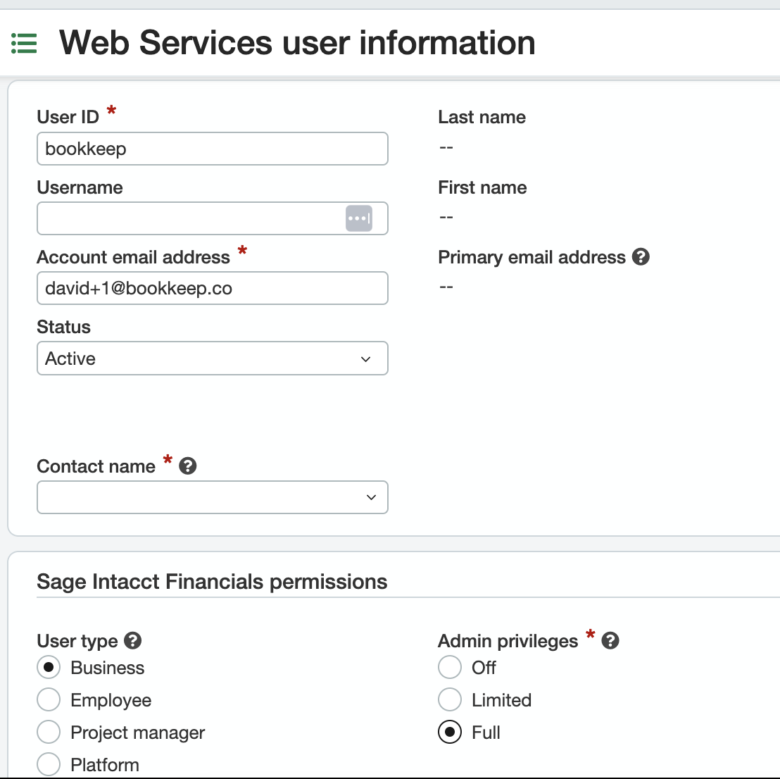 Intacct web services user information