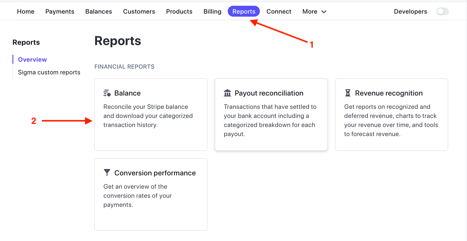 Stripe dashboard - Reports