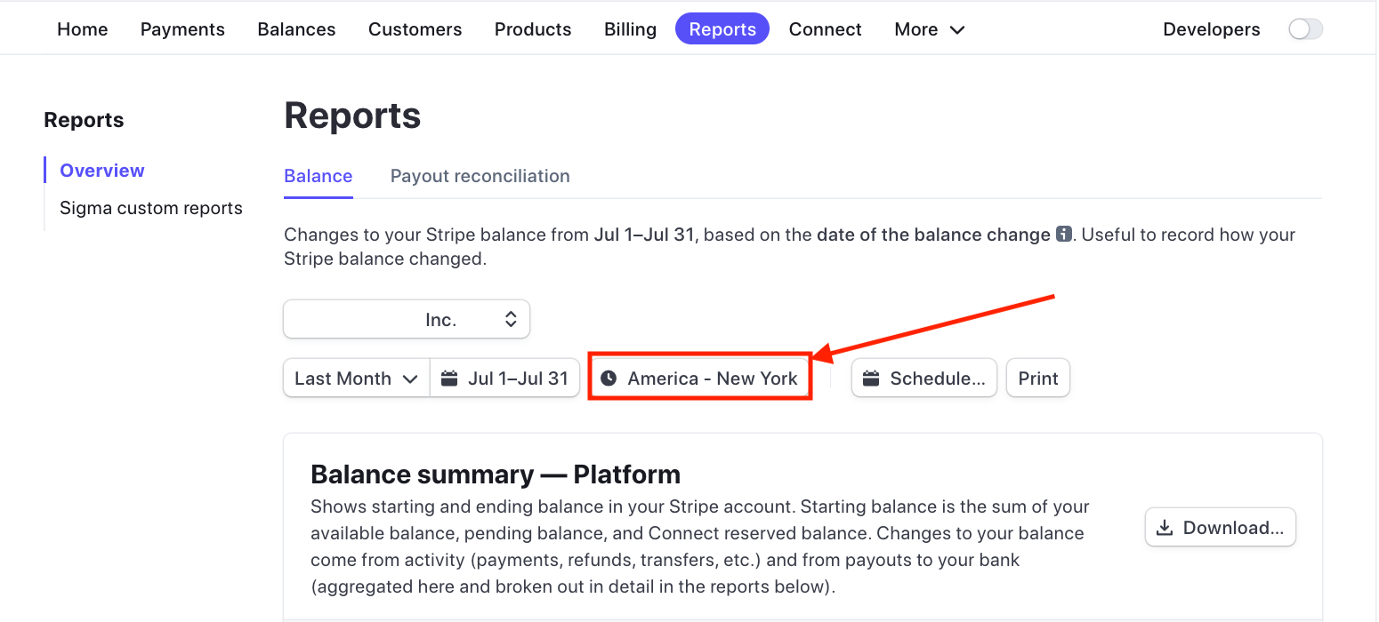 Stripe dashboard - Reports - time zone