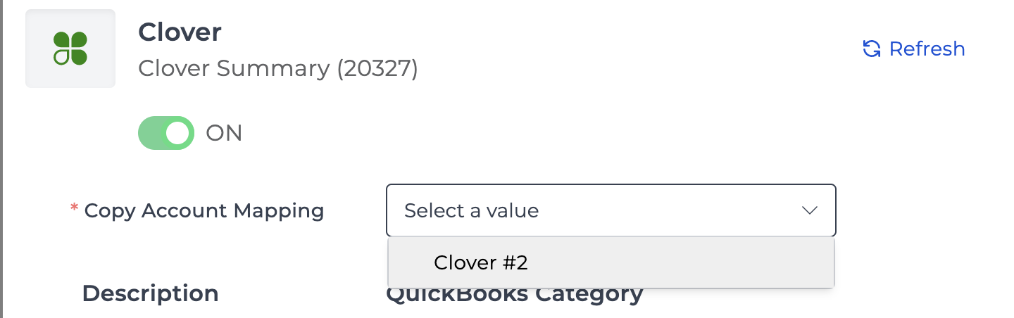 Screenshot of Bookkeep showing the dropdown for &quot;Copy Account Mapping&quot; with eligible mappings