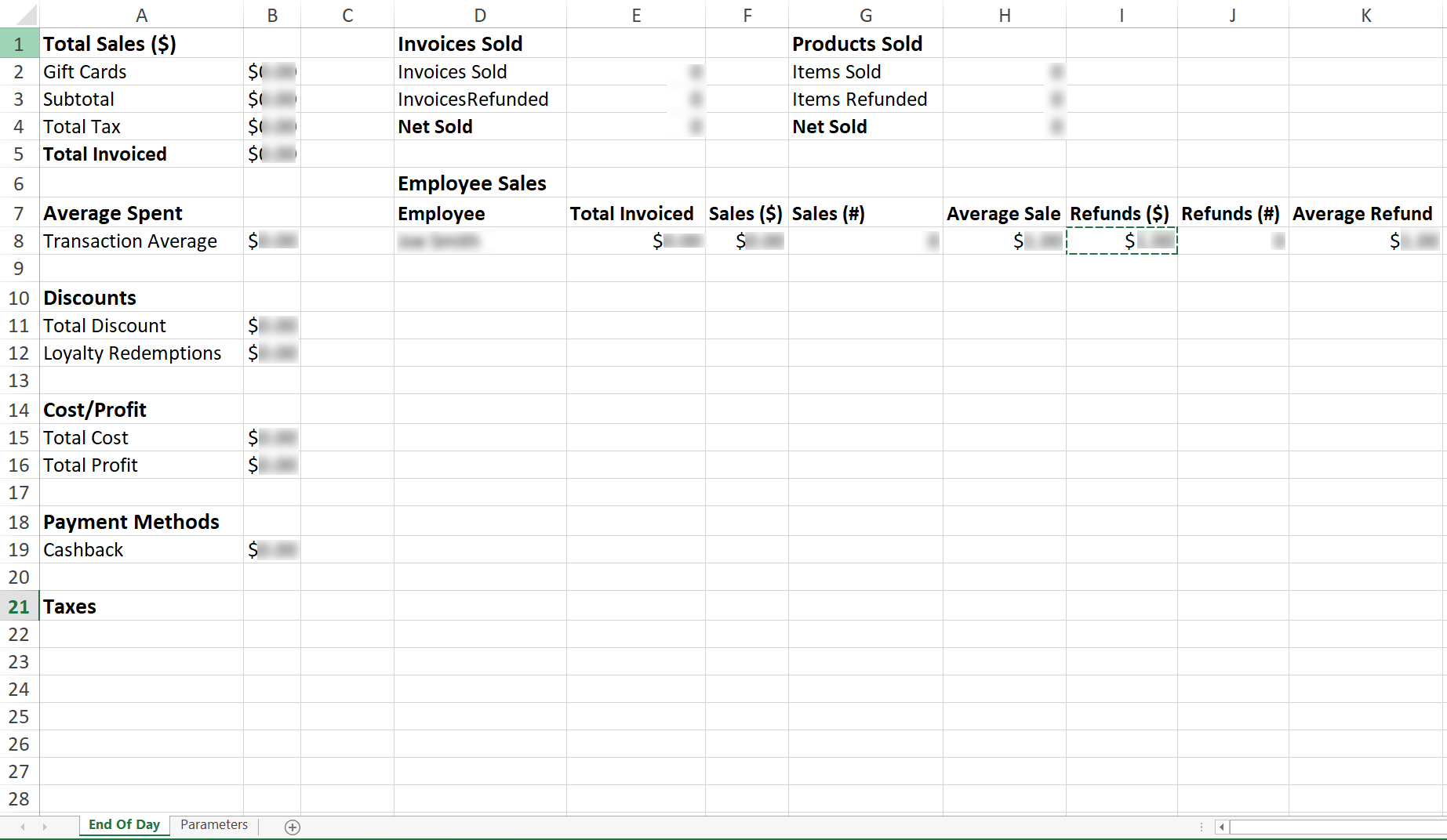 Screenshot of the Cova POS End of Day Summary report in Bookkeep