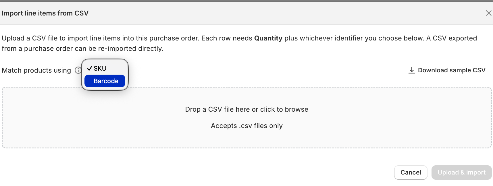 Match products using SKU or Barcode