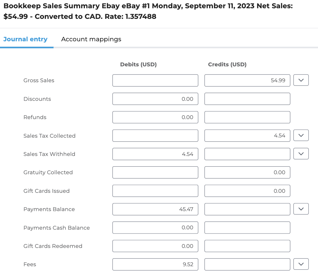 Screenshot showing Sales Summary journal entry