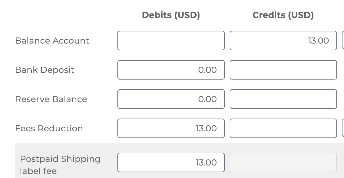 Image of a balance reduction journal entry for a shipping label purchase