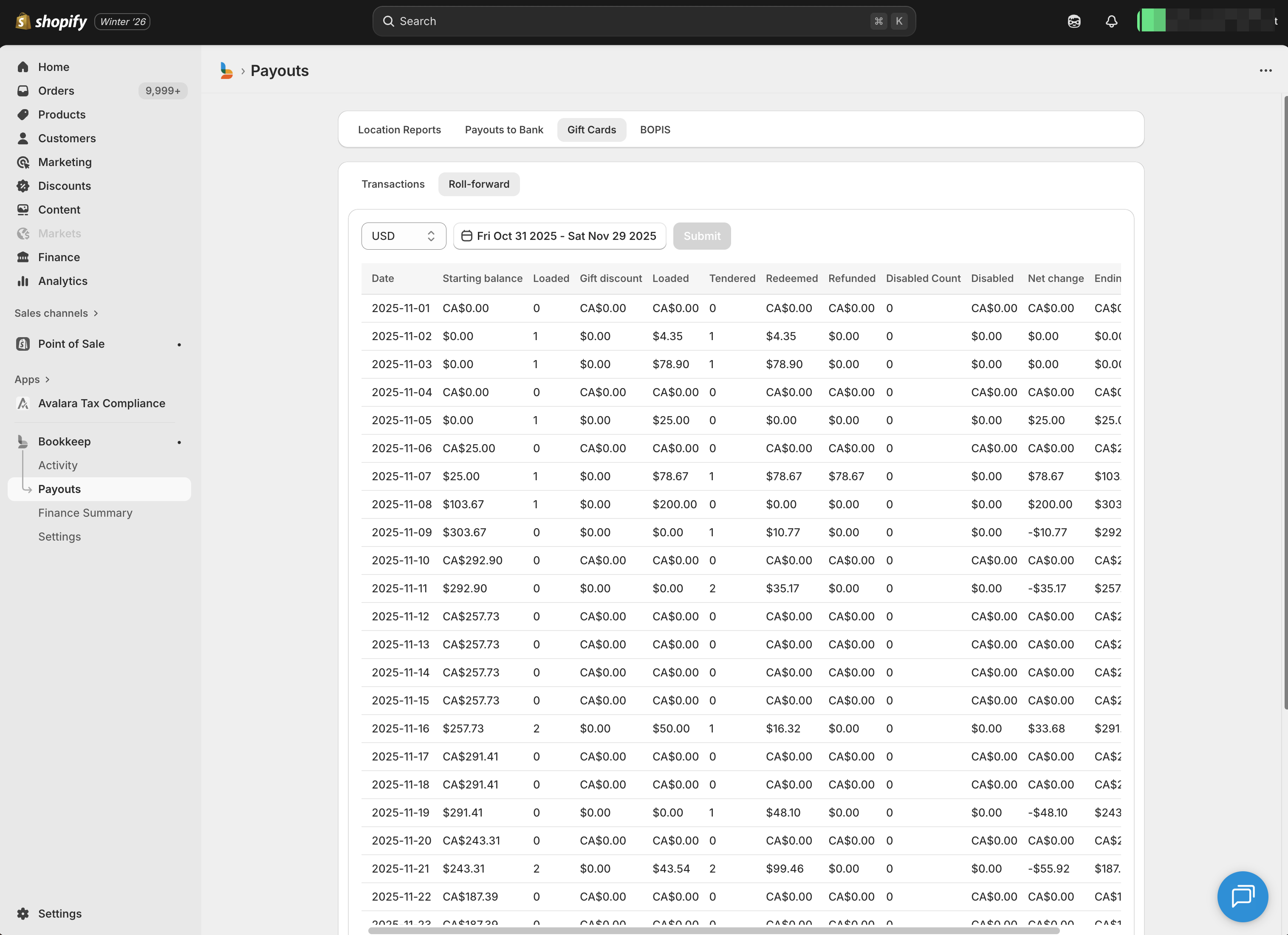 Gift Card Rollforward Report from Bookkeep and Shopify