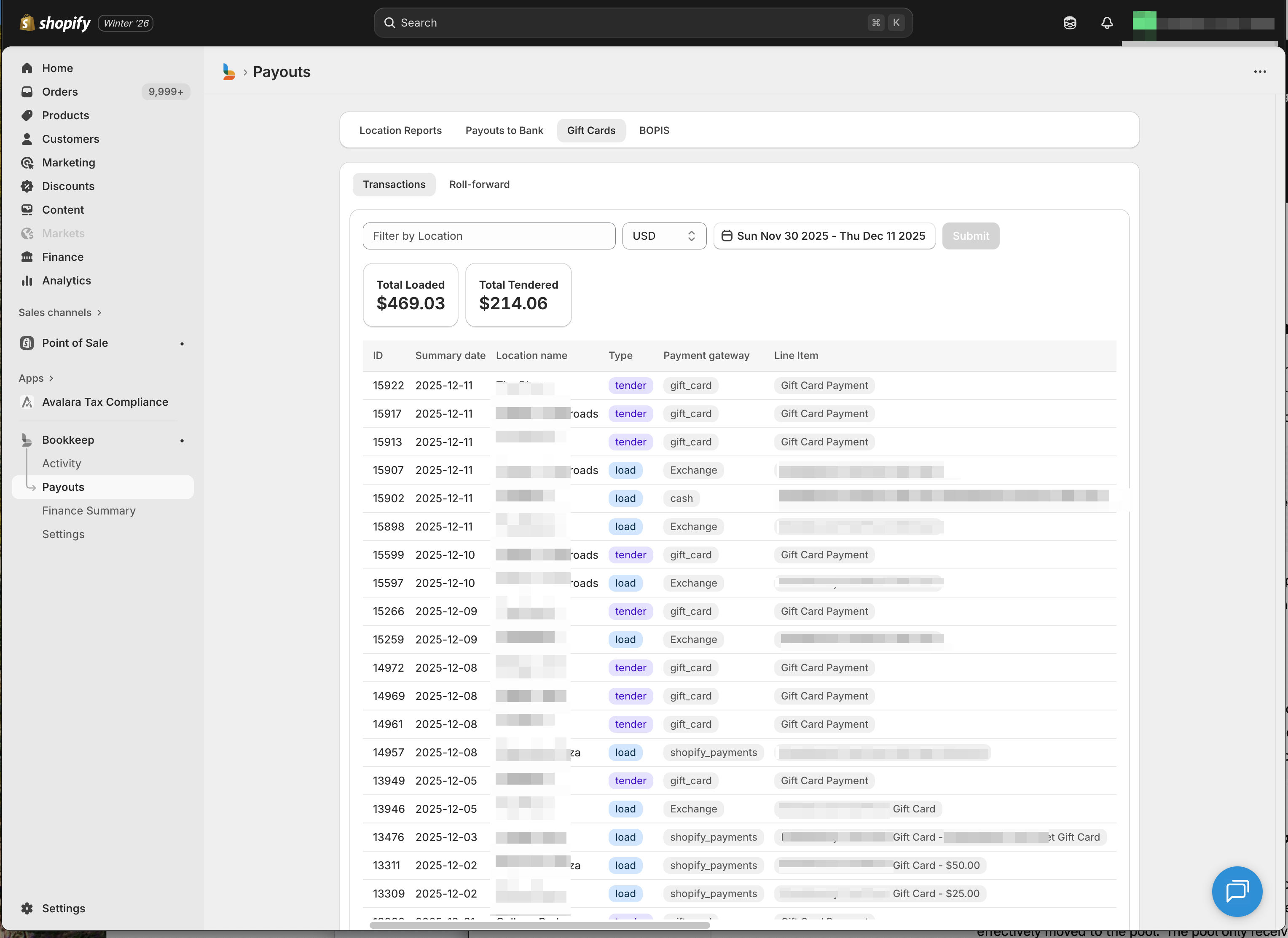 Gift card transaction report from bookkeep and Shopify