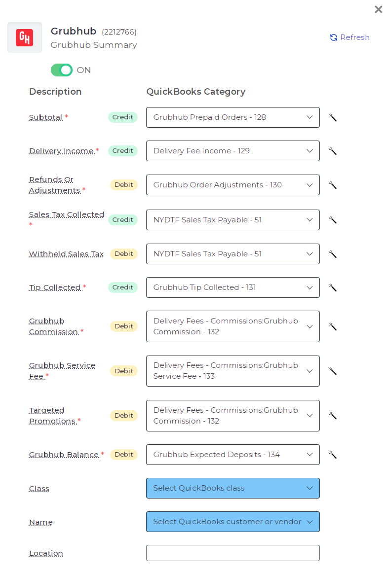 Bookkeep Sales summary mapping interface for Grubhub