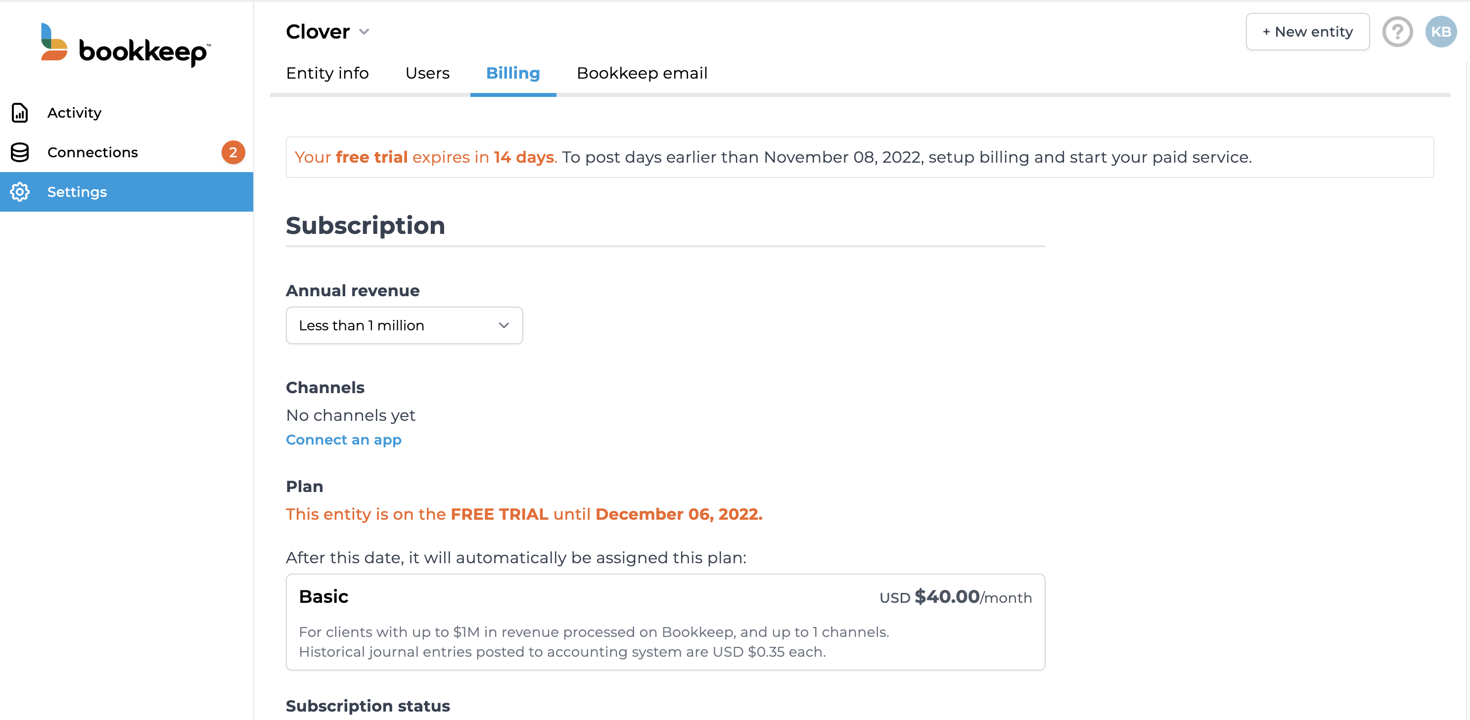 Screenshot of Bookkeep interface showing trial period countdown and journal entry options