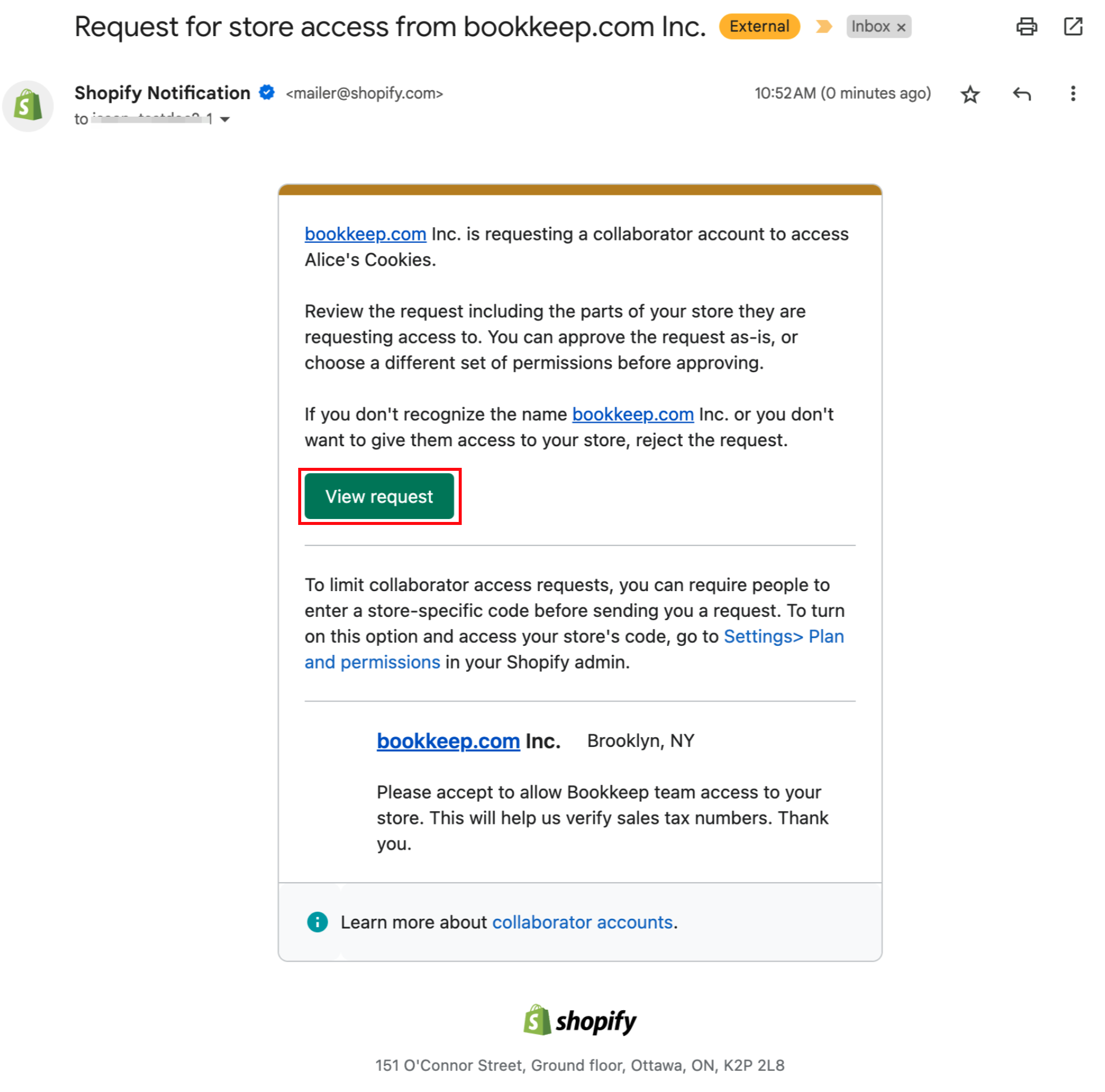 Email from Shopify requesting collaborator access
