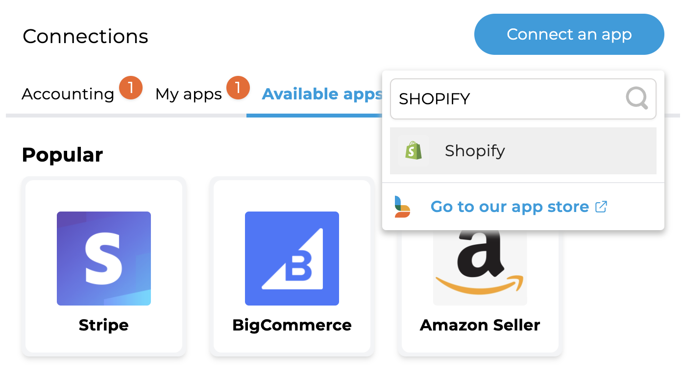 Search for Shopify in the app connection field