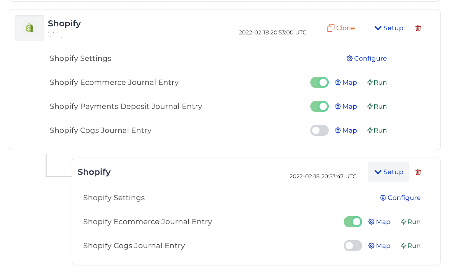 Journal entry options for cloned Shopify connection