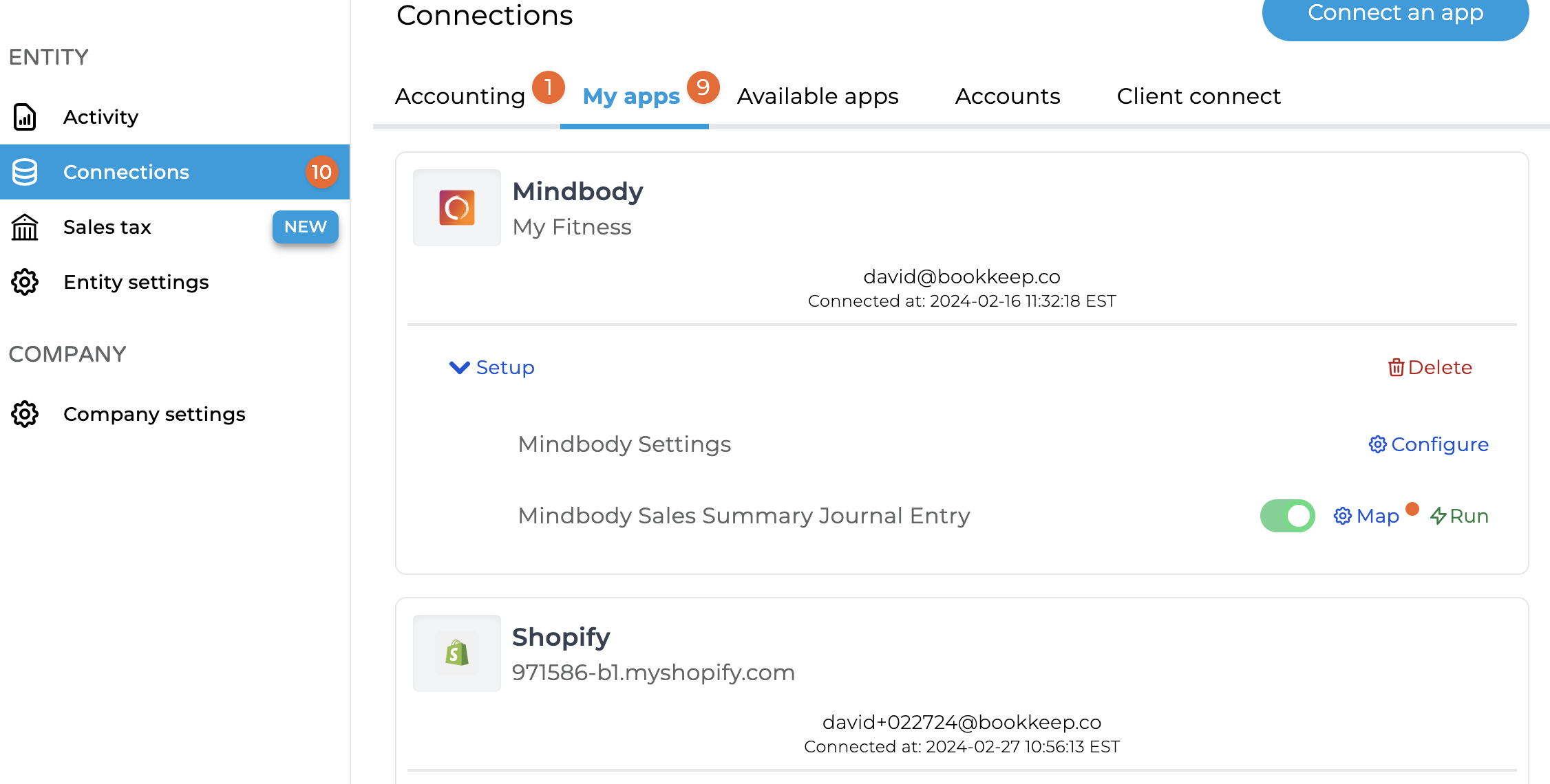 Access Shopify app connection in Bookkeep