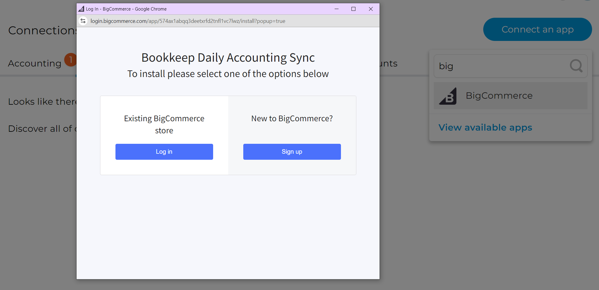 Screenshot showing the login options for BigCommerce in Bookkeep