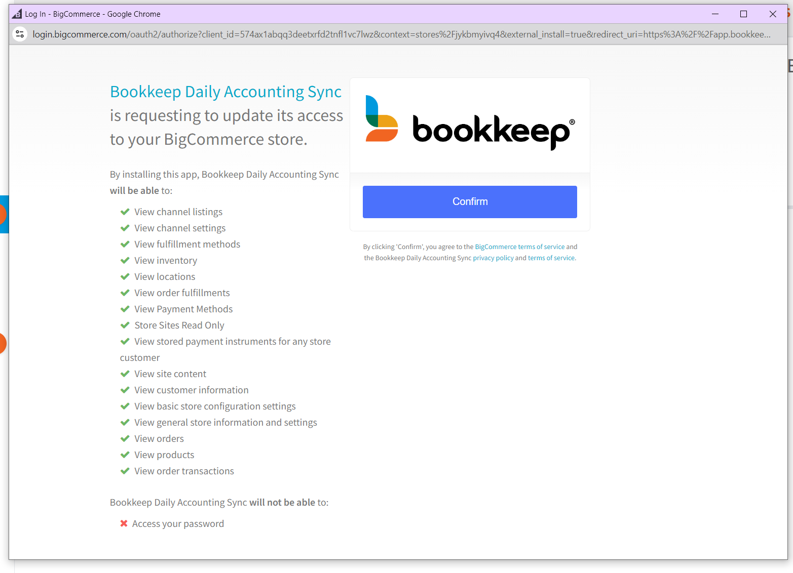 Screenshot of the access confirmation screen for BigCommerce in Bookkeep