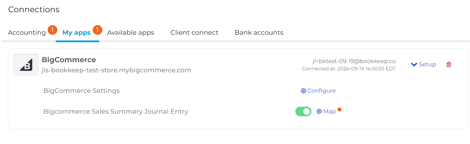 Screenshot of the Bookkeep connections view displaying the connected BigCommerce account