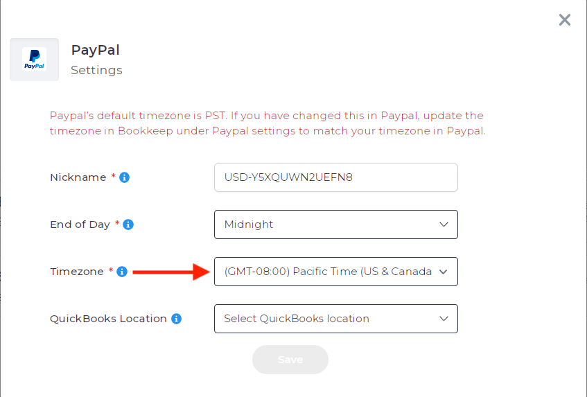 Set the timezone in Bookkeep to match your PayPal timezone