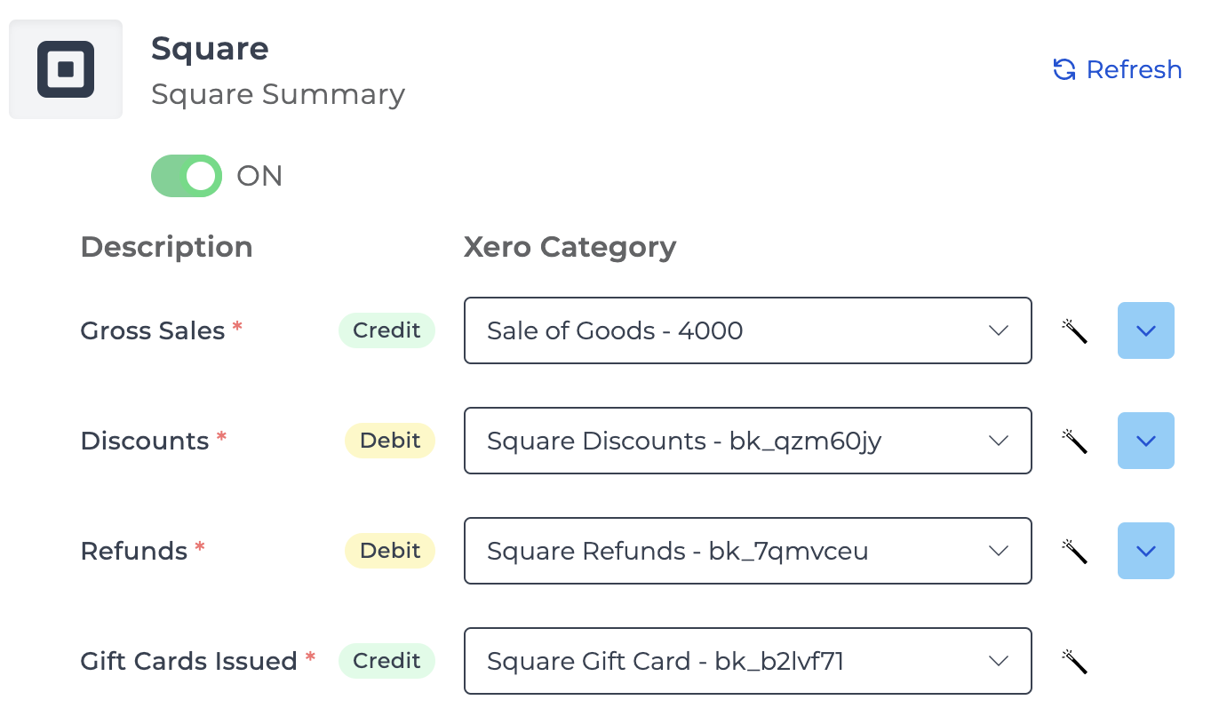 Mapping accounts for Square summary