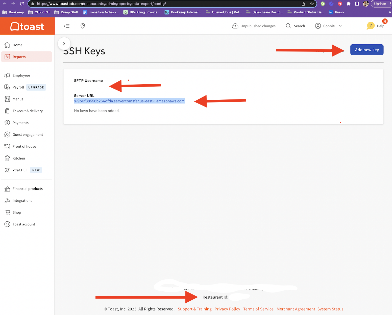 Screenshot showing where to enter the SSH key and retrieve relevant credentials in Toast