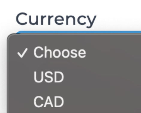 Screenshot showing where to select currency in Bookkeep