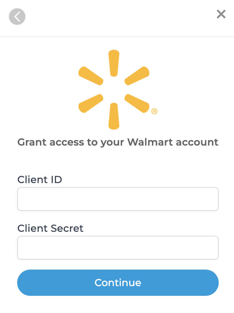 Screenshot showing the required Client ID and Client Secret for Walmart connection