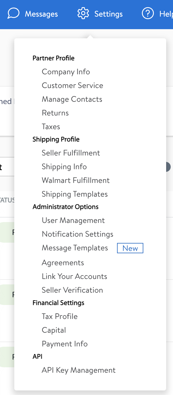 Screenshot showing the settings dropdown in Walmart Seller account.