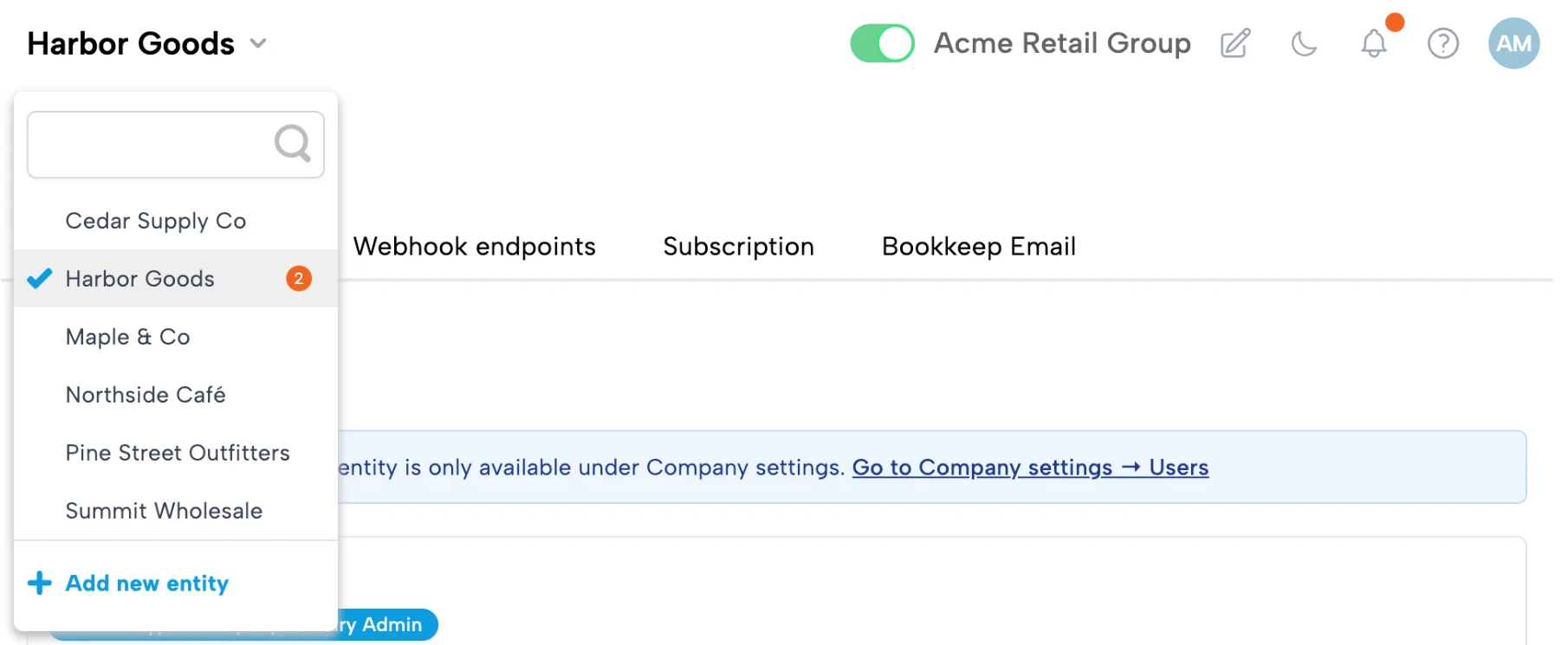 Bookkeep interface showing the "Acme Retail Group" company with its entities listed in the entity dropdown