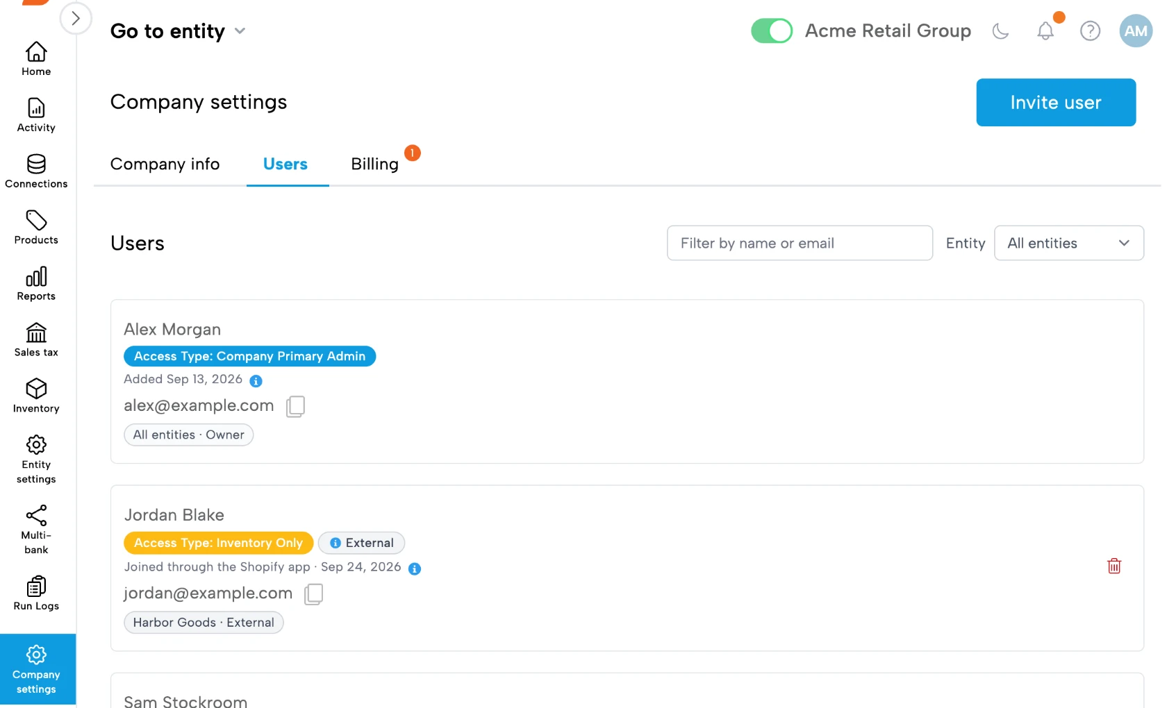 Bookkeep interface showing the "Users" tab in Company Settings