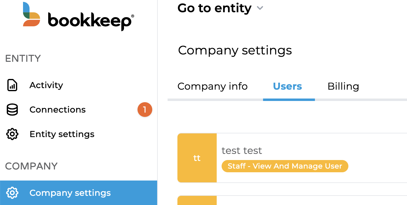 Bookkeep interface showing the &quot;Users&quot; tab in Company Settings