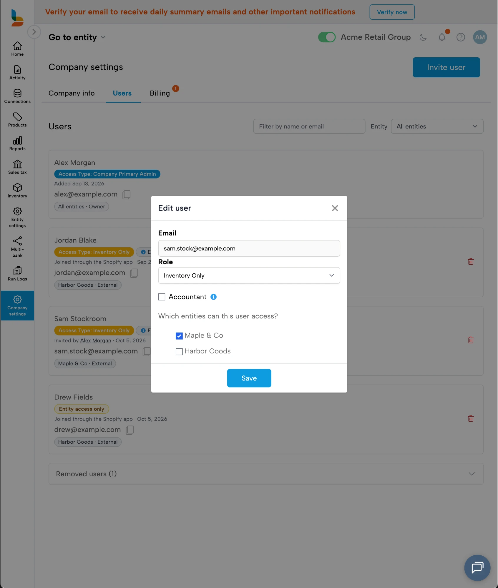 Bookkeep Edit user window showing email, role, Accountant checkbox, and entity selection in one window