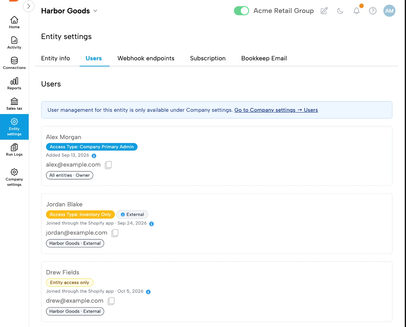 Bookkeep Entity Settings Users tab listing the users of one entity read-only, with a banner linking to Company settings Users