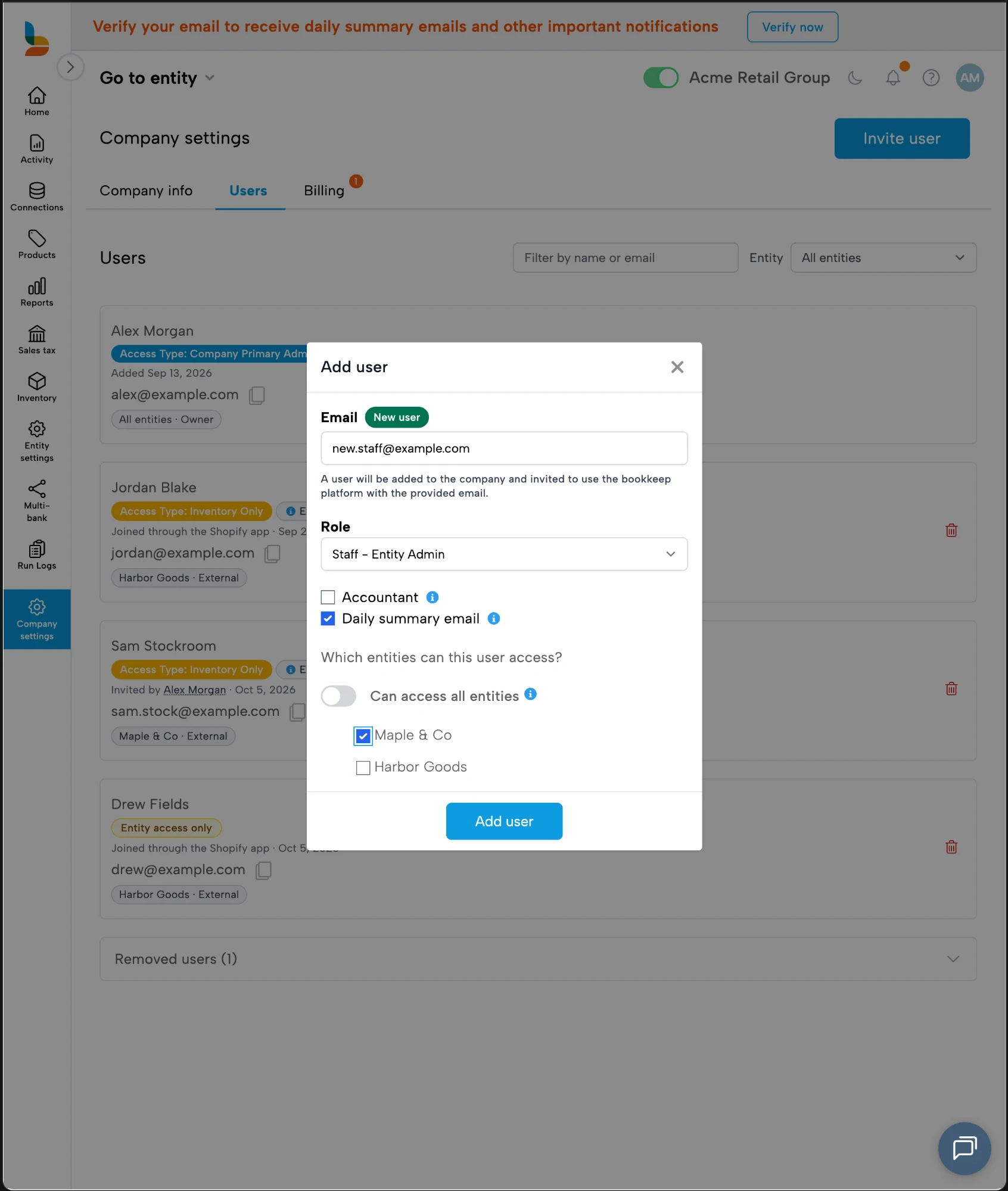 Bookkeep Add user window with email, Staff role, Accountant and Daily summary checkboxes, and entity selection in one window