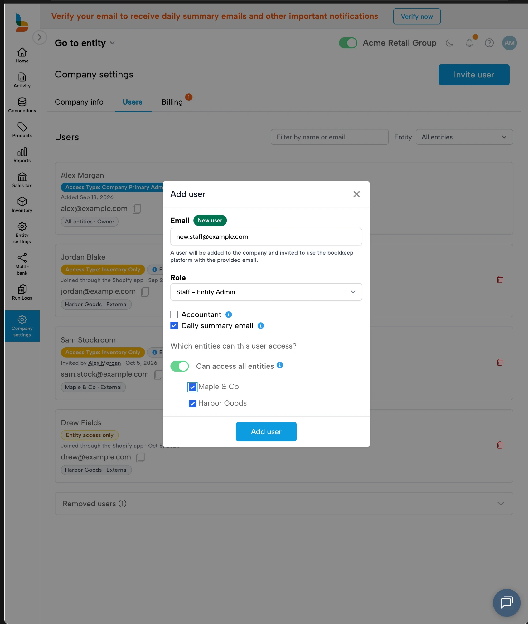 Bookkeep Add user window with "Can access all entities" switched on for a Staff role