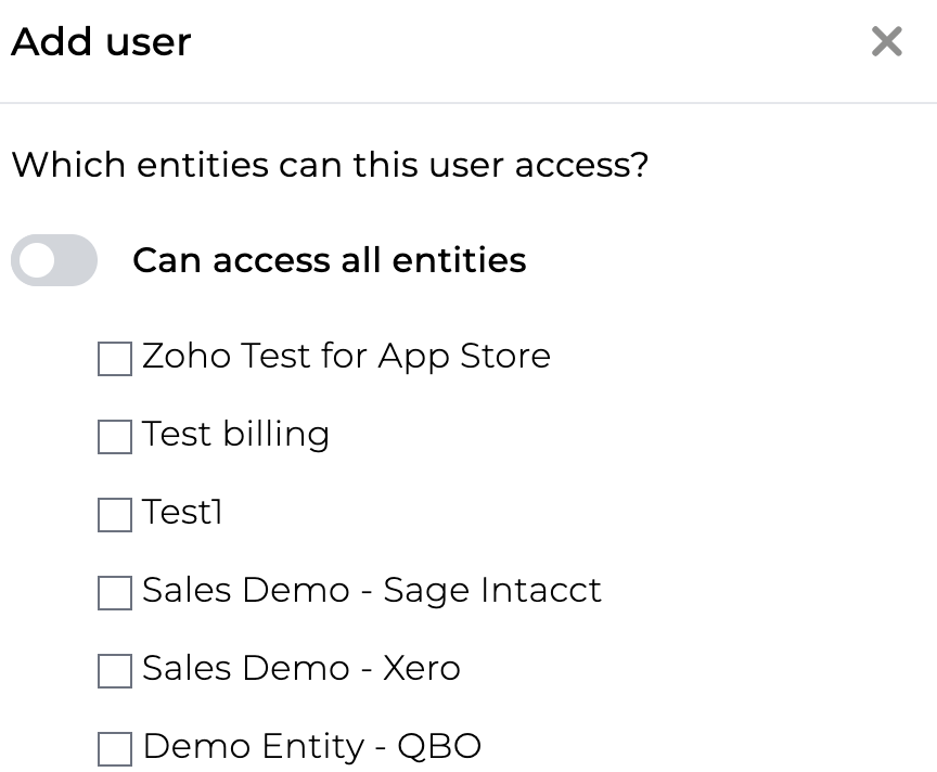 Bookkeep interface showing entity selection for staff role invitation