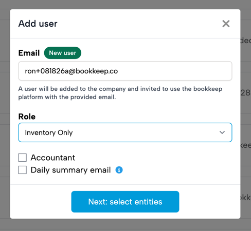 Bookkeep Add user window with the Inventory Only role selected in the Role dropdown