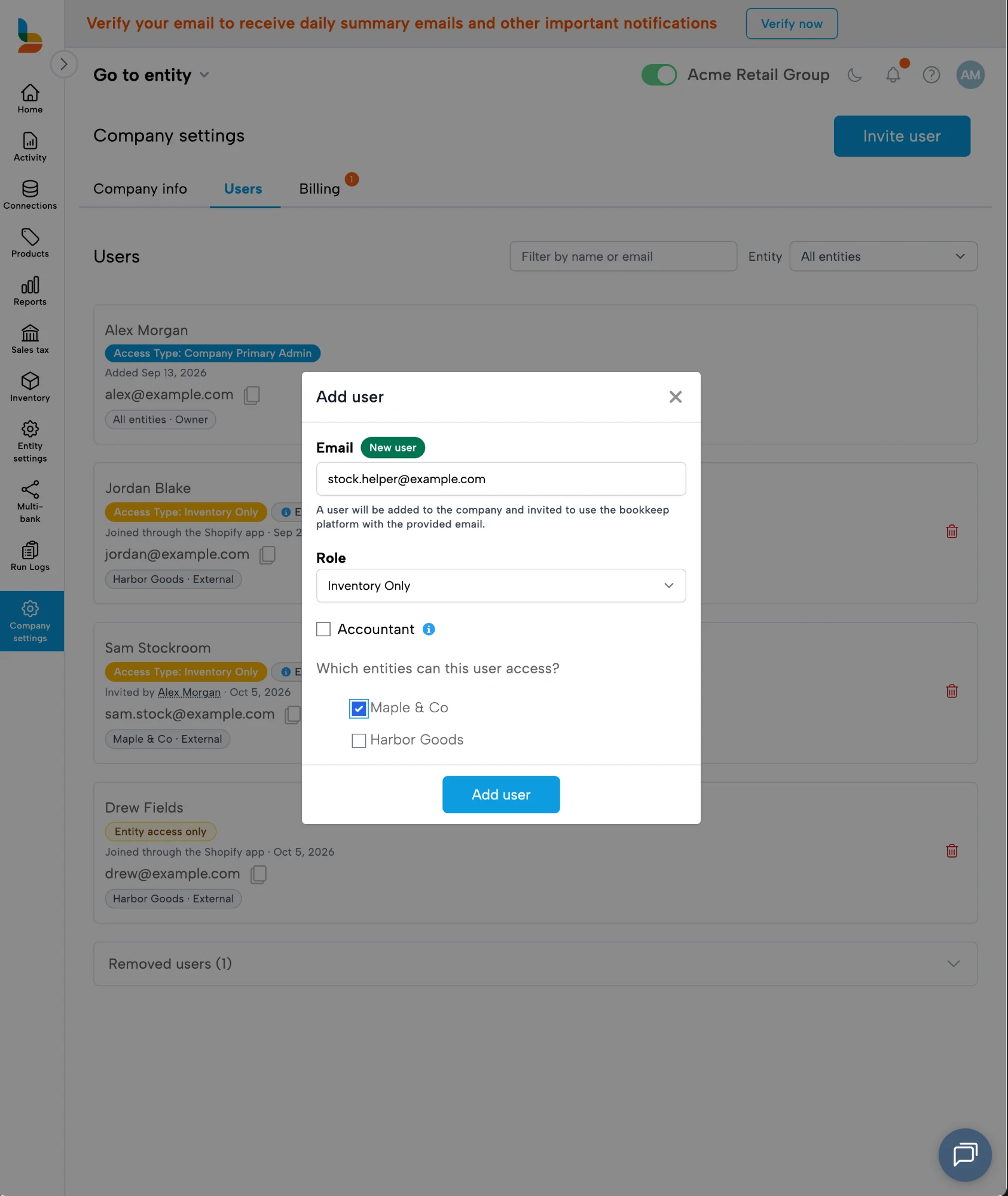 Bookkeep Add user window with the Inventory Only role selected in the Role dropdown