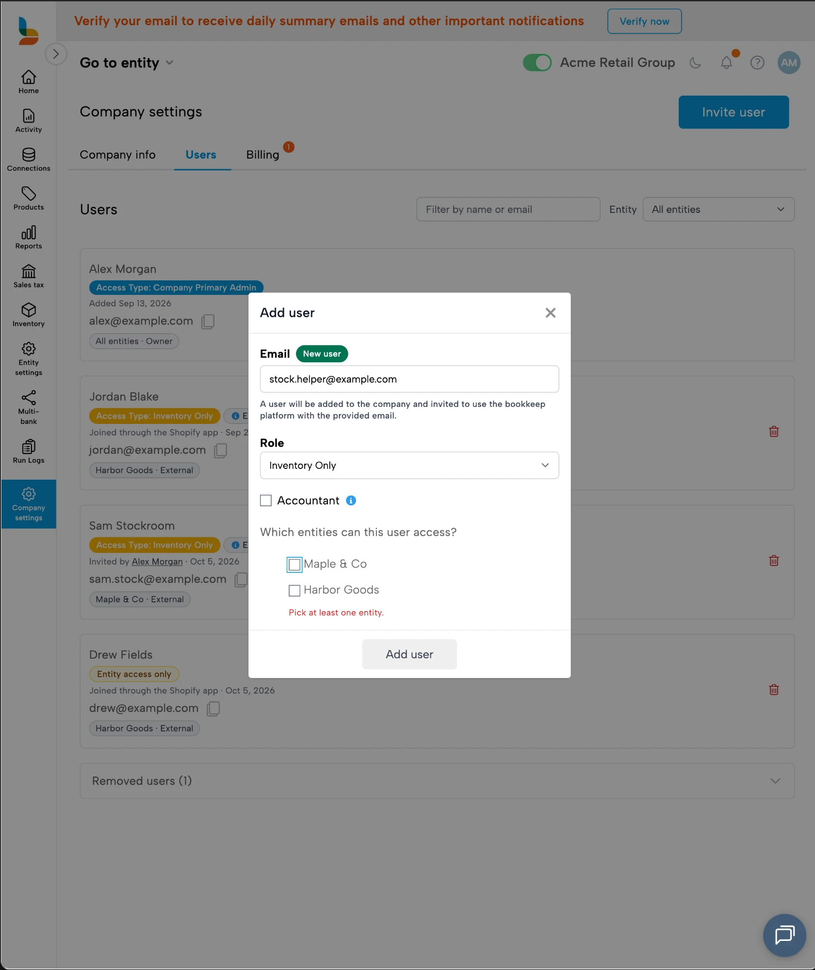 Bookkeep Add user window for an Inventory Only user with no entity picked, showing "Pick at least one entity."